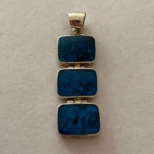 Vintage Sterling Silver Dark Blue Opal Style Stones 3 Framed Necklace Pendant